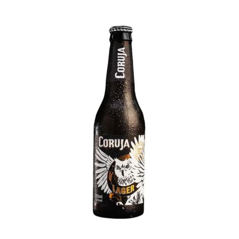 Uma garrafa de cerveja Lager da marca Coruja